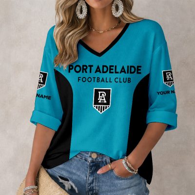 AFL Port Adelaide Power Custom Name Long Sleeves V-neck Shirt v1