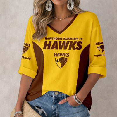AFL Hawthorn Hawks Custom Name Long Sleeves V-neck Shirt v1