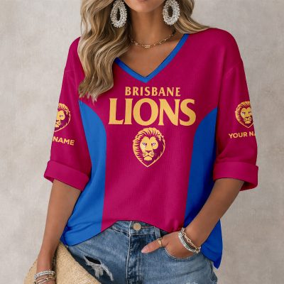 AFL Brisbane Lions Custom Name Long Sleeves V-neck Shirt v1