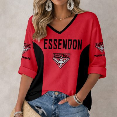 AFL Essendon Bombers Custom Name Long Sleeves V-neck Shirt v1