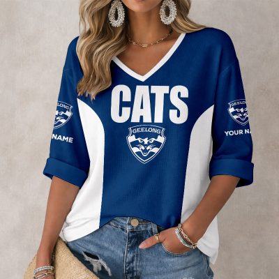 AFL Geelong Cats Custom Name Long Sleeves V-neck Shirt v1
