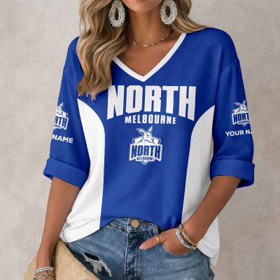 AFL North Melbourne Kangaroos Custom Name Long Sleeves V-neck Shirt v1
