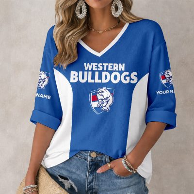 AFL Western Bulldogs Custom Name Long Sleeves V-neck Shirt v1