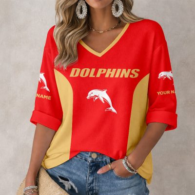NRL Dolphins Custom Name Long Sleeves V-neck Shirt v6