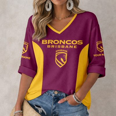NRL Brisbane Broncos Custom Name Long Sleeves V-neck Shirt v6