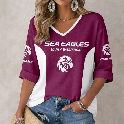 NRL Manly Warringah Sea Eagles Custom Name Long Sleeves V-neck Shirt v6