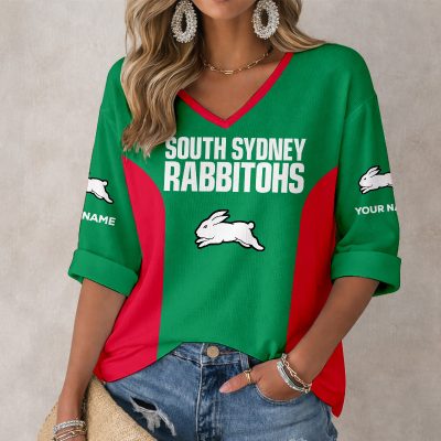 NRL South Sydney Rabbitohs Custom Name Long Sleeves V-neck Shirt v6