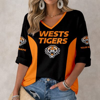 NRL Wests Tigers Custom Name Long Sleeves V-neck Shirt v6