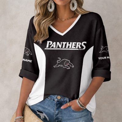 NRL Penrith Panthers Custom Name Long Sleeves V-neck Shirt v6