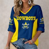 NRL North Queensland Cowboys Custom Name Long Sleeves V-neck Shirt v6