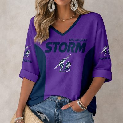 NRL Melbourne Storm Custom Name Long Sleeves V-neck Shirt v6