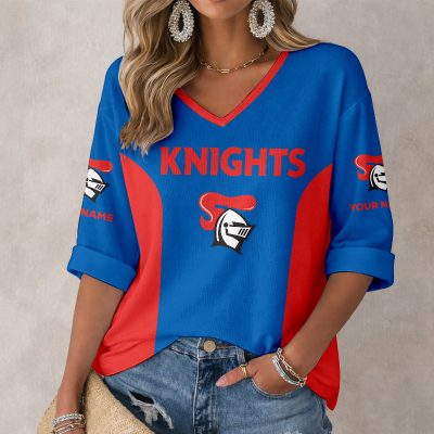 NRL Newcastle Knights Custom Name Long Sleeves V-neck Shirt v6