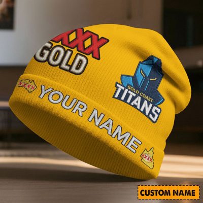 Custom Name NRL Gold Coast Titans NRL x XXXX Gold Beanie Hat Custom  v1