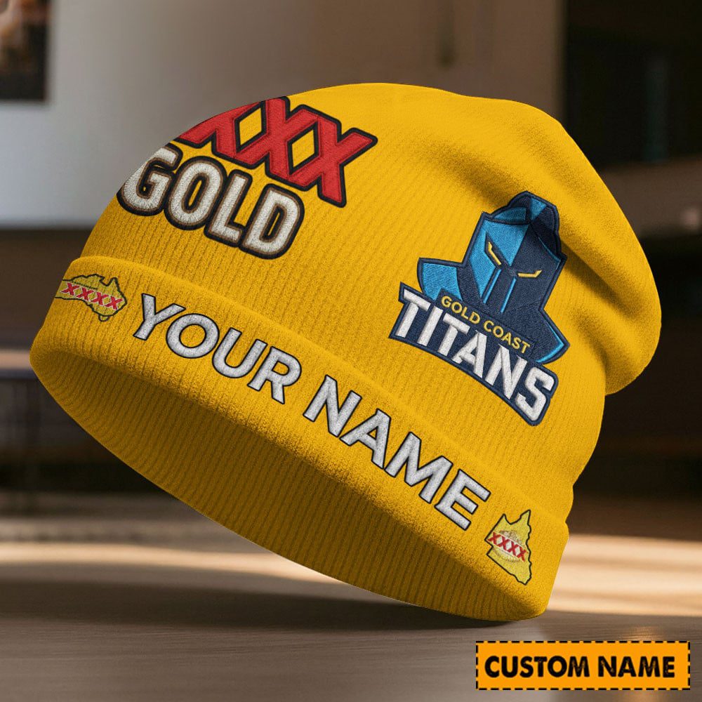 Custom Name NRL Gold Coast Titans NRL x XXXX Gold Beanie Hat Custom v1 Custom Name NRL Gold Coast Titans NRL x XXXX Gold Beanie Hat Custom v1