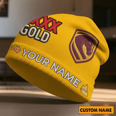 Custom Name NRL Brisbane Broncos NRL x XXXX Gold Beanie Hat Custom  v1