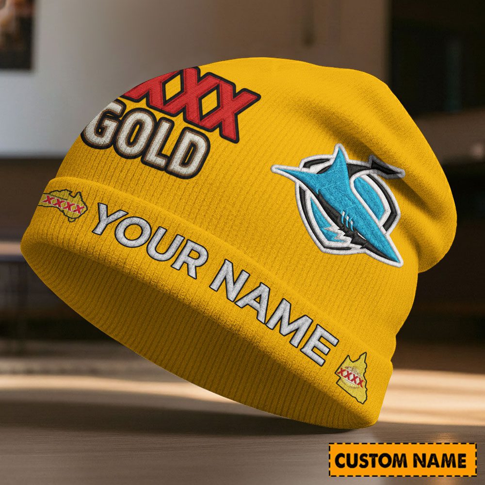 Custom Name NRL Cronulla-Sutherland Sharks NRL x XXXX Gold Beanie Hat Custom v1 Custom Name NRL Cronulla-Sutherland Sharks NRL x XXXX Gold Beanie Hat Custom v1
