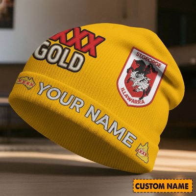 Custom Name NRL St. George Illawarra Dragons NRL x XXXX Gold Beanie Hat Custom  v1