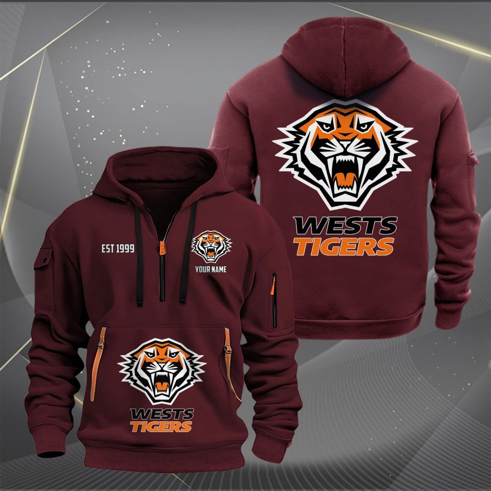 NRL Wests Tigers Personalized Half-zip Hoodie Gift For Fans NRL Wests Tigers Personalized Half-zip Hoodie Gift For Fans