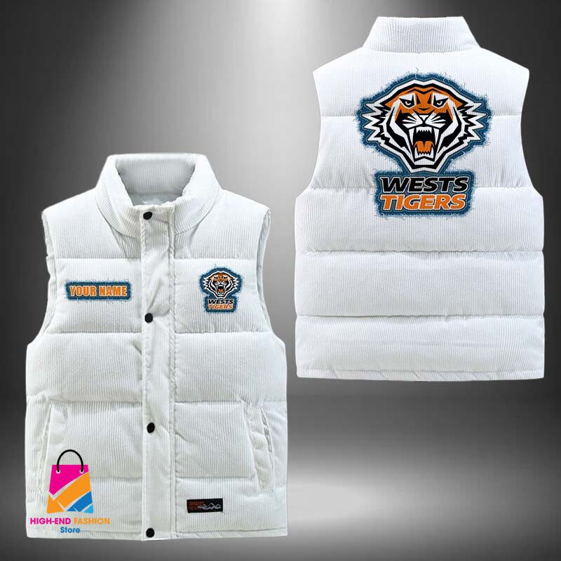 NRL Wests Tigers Personalized Style Sleeveless Puffer Jacket Gift For Fans NRL Wests Tigers Personalized Style Sleeveless Puffer Jacket Gift For Fans