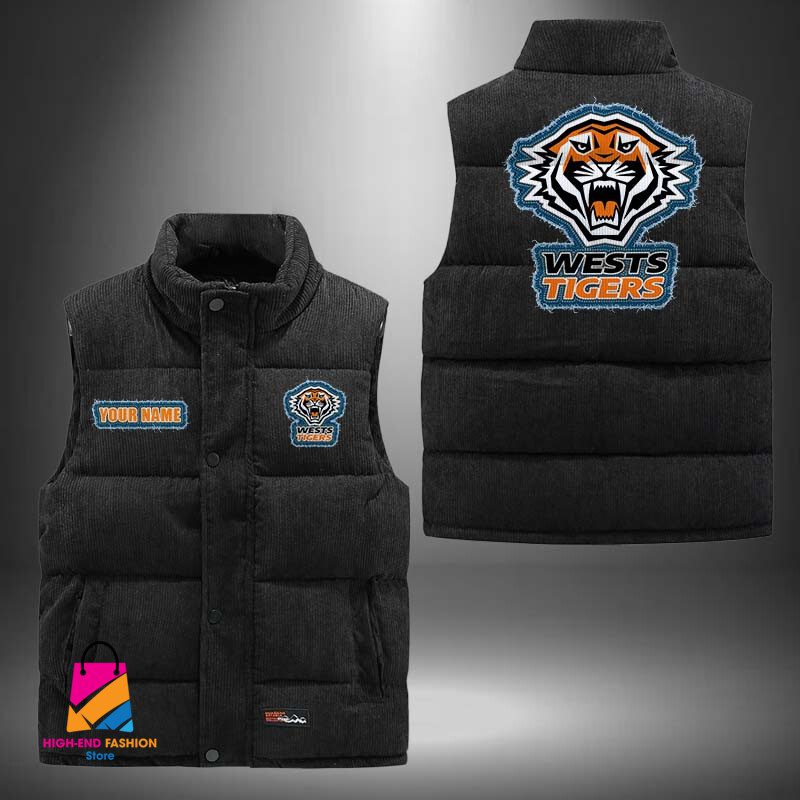 NRL Wests Tigers Personalized Style Sleeveless Puffer Jacket Gift For Fans NRL Wests Tigers Personalized Style Sleeveless Puffer Jacket Gift For Fans