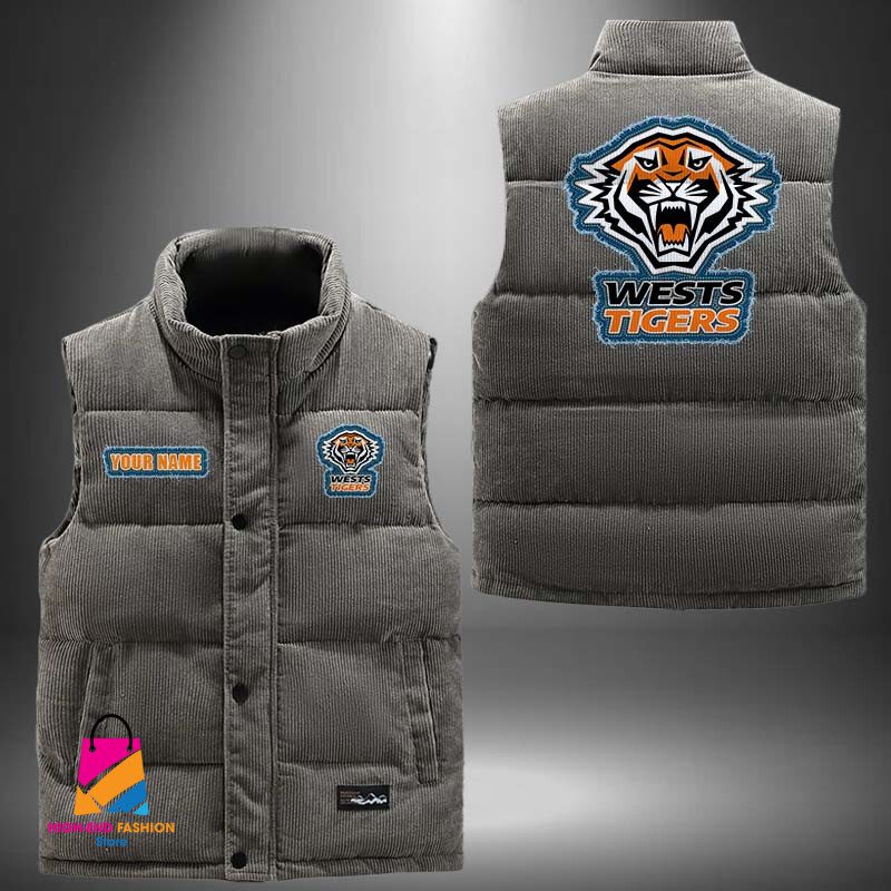 NRL Wests Tigers Personalized Style Sleeveless Puffer Jacket Gift For Fans NRL Wests Tigers Personalized Style Sleeveless Puffer Jacket Gift For Fans