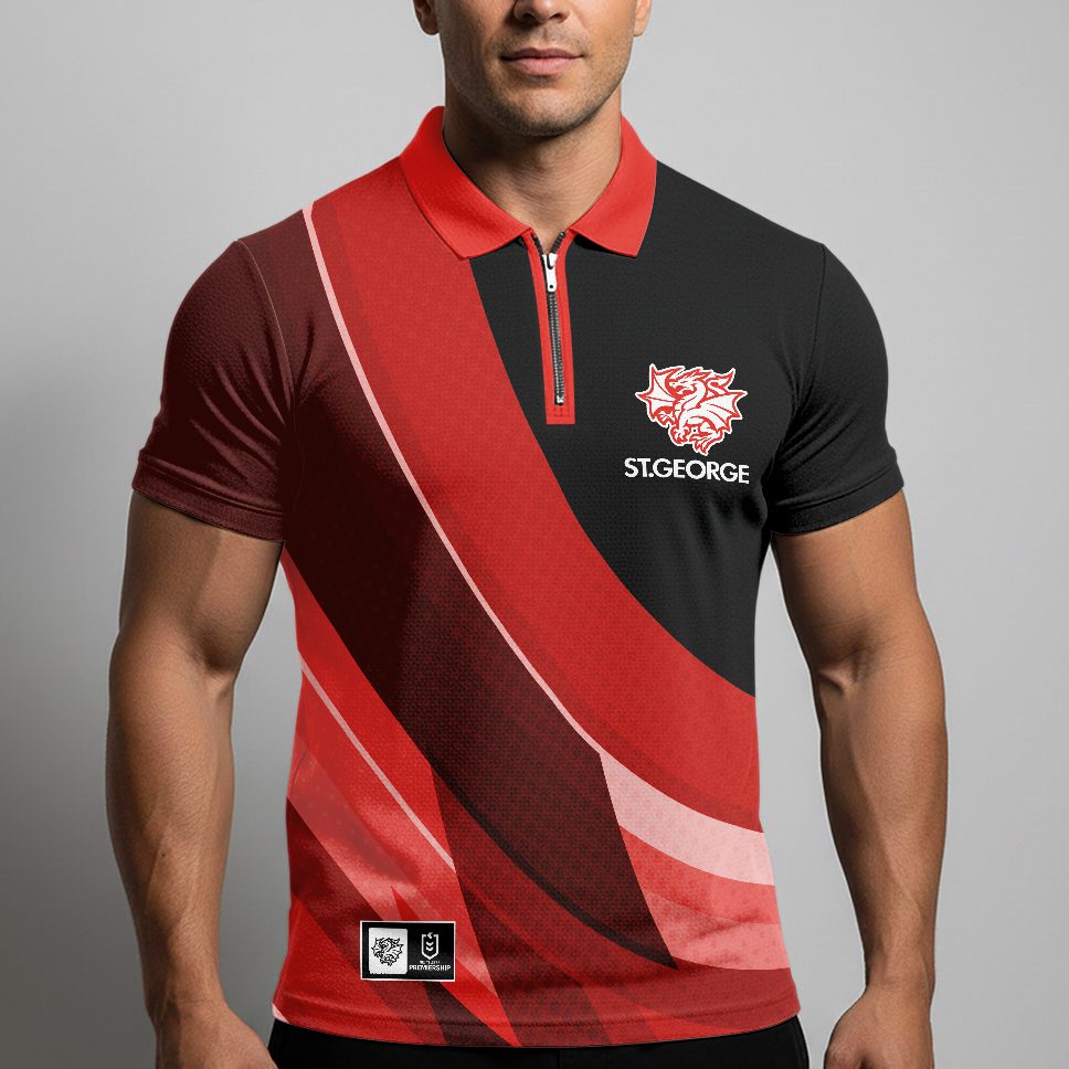 NRL St. George Illawarra Dragons Personalized Zip Polo Shirt Gift For Fans NRL St. George Illawarra Dragons Personalized Zip Polo Shirt Gift For Fans