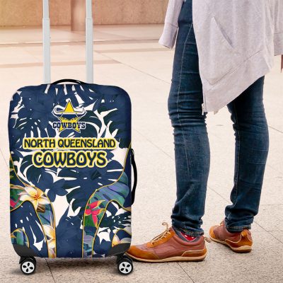 North Queensland Cowboys Luggage Cover Tropical Hibiscus Floral Pattern With Blue And Yellow Accents TS04