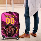 Personalised Brisbane Broncos Luggage Cover Fierce Horse Mascot In Pink Aboriginal Dot Art Style TS04
