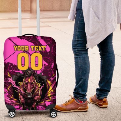 Personalised Brisbane Broncos Luggage Cover Fierce Horse Mascot In Pink Aboriginal Dot Art Style TS04