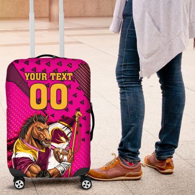 Custom Rugby Broncos Luggage Cover Muscular Horse Mascot With Flag In Pink TS04