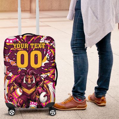 Personalised Brisbane Broncos Rugby Luggage Cover Aboriginal Art Style Pink And Gold Patterned Graphics TS04