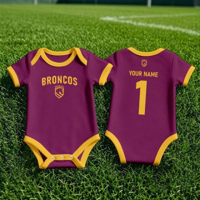 Brisbane Broncos NRL Baby Romper Custom Name & Number Gift v1