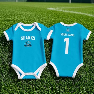 Cronulla-Sutherland Sharks NRL Baby Romper Custom Name & Number Gift v1
