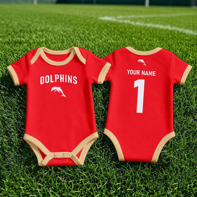 Dolphins NRL Baby Romper Custom Name & Number Gift v1 Dolphins NRL Baby Romper Custom Name & Number Gift v1
