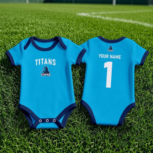 Gold Coast Titans NRL Baby Romper Custom Name & Number Gift v1 Gold Coast Titans NRL Baby Romper Custom Name & Number Gift v1