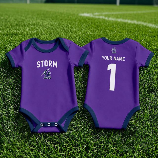 Melbourne Storm NRL Baby Romper Custom Name & Number Gift v1 Melbourne Storm NRL Baby Romper Custom Name & Number Gift v1