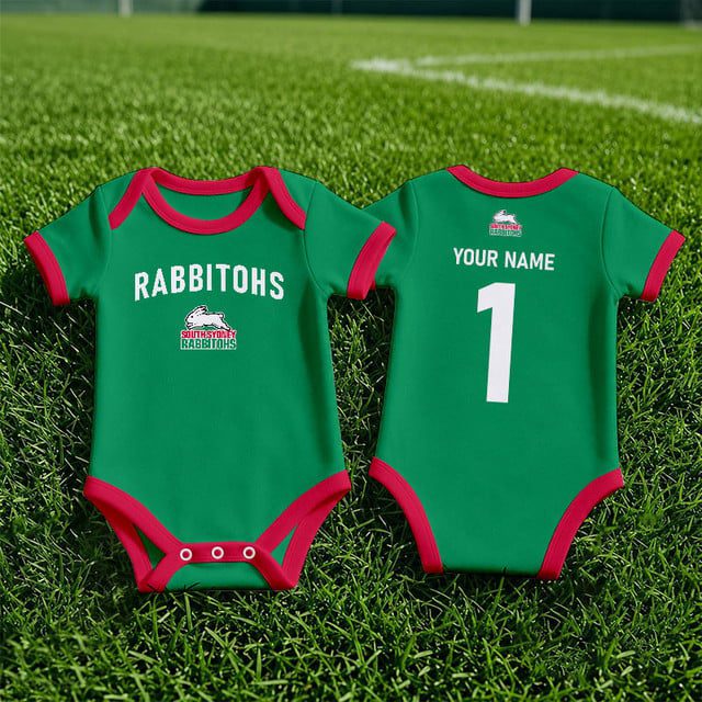 South Sydney Rabbitohs NRL Baby Romper Custom Name & Number Gift v1 South Sydney Rabbitohs NRL Baby Romper Custom Name & Number Gift v1