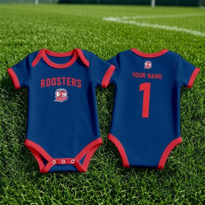 Sydney Roosters NRL Baby Romper Custom Name & Number Gift v1