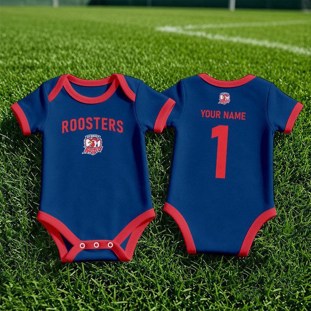 Sydney Roosters NRL Baby Romper Custom Name & Number Gift v1 Sydney Roosters NRL Baby Romper Custom Name & Number Gift v1
