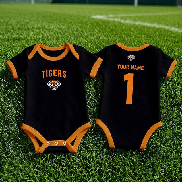 Wests Tigers NRL Baby Romper Custom Name & Number Gift v1 Wests Tigers NRL Baby Romper Custom Name & Number Gift v1