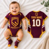 Brisbane Broncos NRL Baby Romper Custom Name & Number Gift