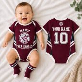 Manly Warringah Sea Eagles NRL Baby Romper Custom Name & Number Gift