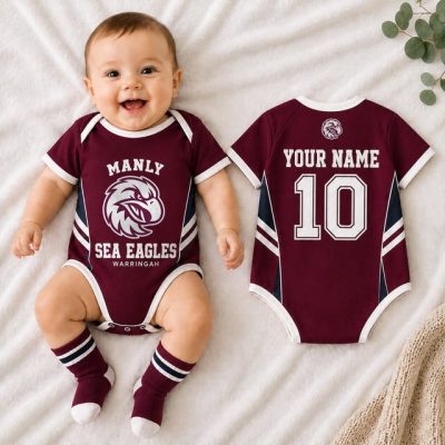 Manly Warringah Sea Eagles NRL Baby Romper Custom Name & Number Gift