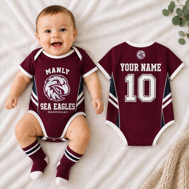 Manly Warringah Sea Eagles NRL Baby Romper Custom Name & Number Gift Manly Warringah Sea Eagles NRL Baby Romper Custom Name & Number Gift