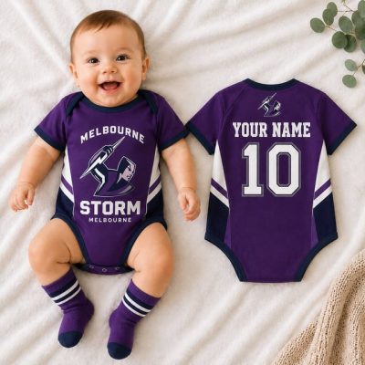 Melbourne Storm NRL Baby Romper Custom Name & Number Gift