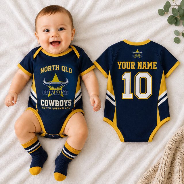 North Queensland Cowboys NRL Baby Romper Custom Name & Number Gift North Queensland Cowboys NRL Baby Romper Custom Name & Number Gift