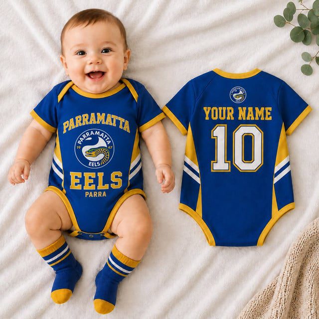 Parramatta Eels NRL Baby Romper Custom Name & Number Gift Parramatta Eels NRL Baby Romper Custom Name & Number Gift