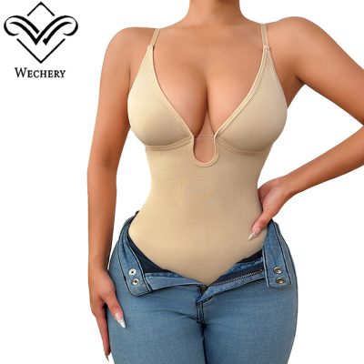Women's Seamless Shapewear Bodysuit Deep V Neck Tummy Control Waist Trainer Thong Bodysuit