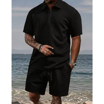 Men's Summer Knit Polo Set | Short Sleeve Polo Shirt & Drawstring Shorts 2-Piece Outfit