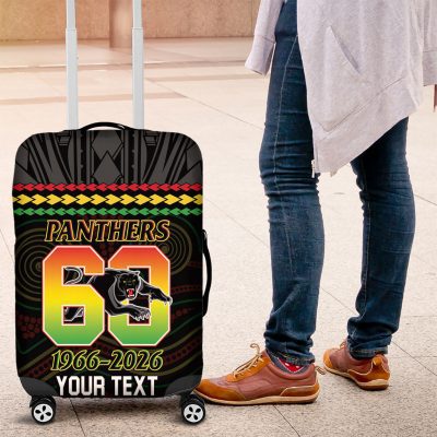 Penrith Panthers Rugby Custom Luggage Cover 60 Years Anniversary Black Polynesian Aboriginal Art LT14